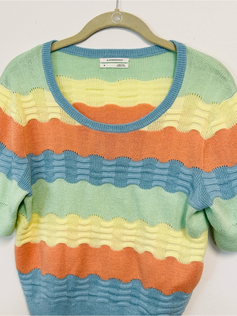 Anthropologie Colorblocked Novelty-Stitch Scalloped Striped Wave Tee Womens M - Picture 4 of 16